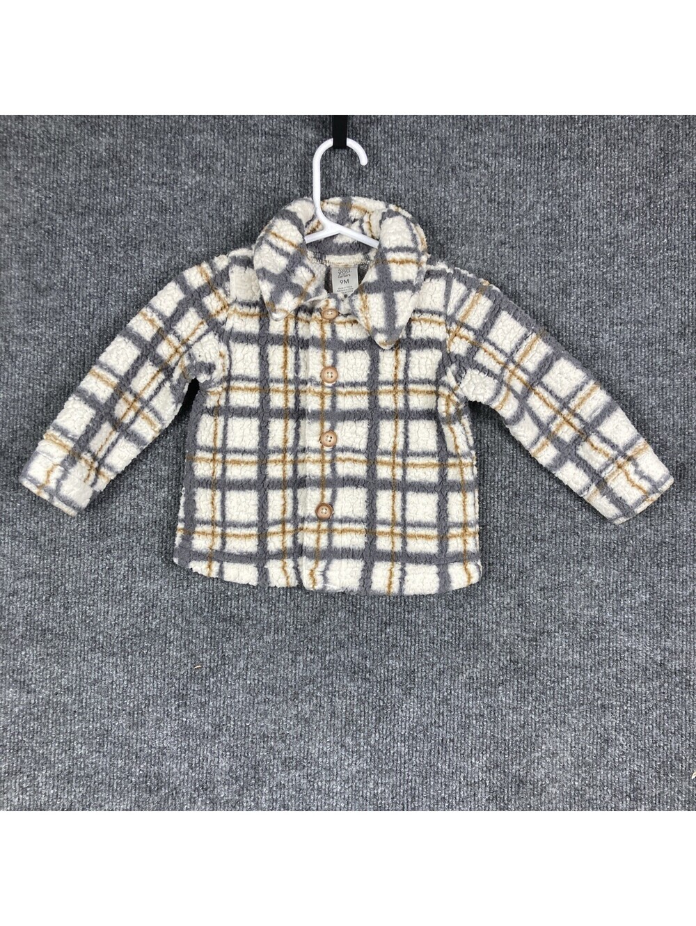 Carter's Just One You Size 9 Months White Brown Blue Plaid Sherpa Button Jacket